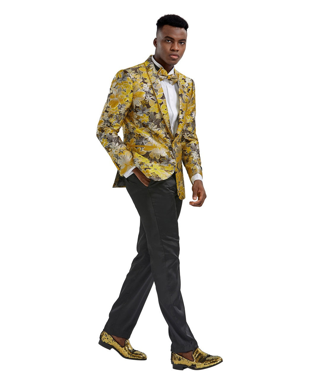 floral dinner jacket with bow tie in gold