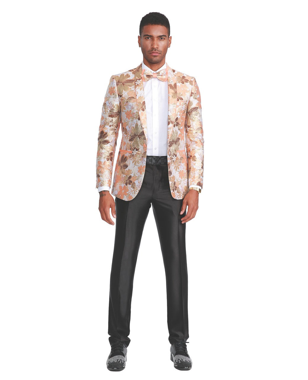 floral dinner jacket with bow tie in orange