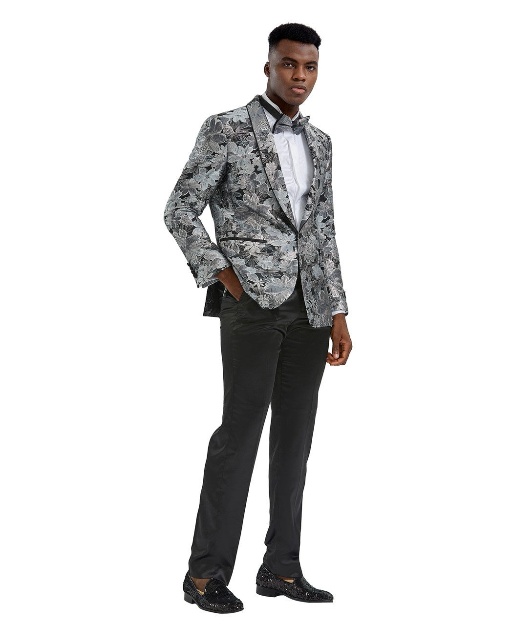 floral dinner jacket with bow tie in silver