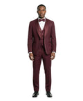 layered satin shawl three-piece tuxedo in burgundy