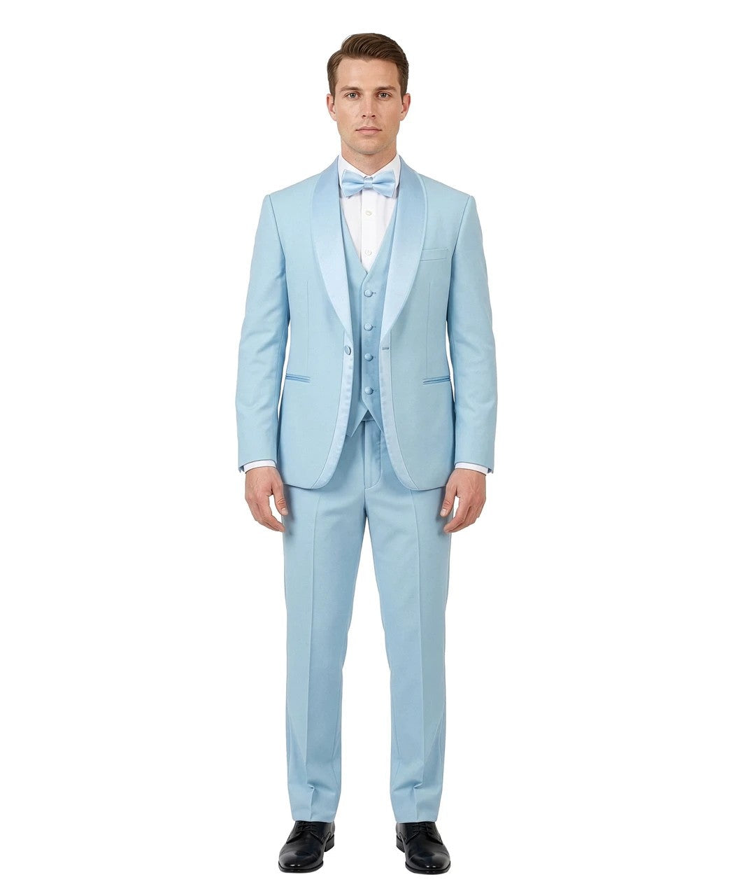 layered satin shawl three-piece tuxedo in light blue