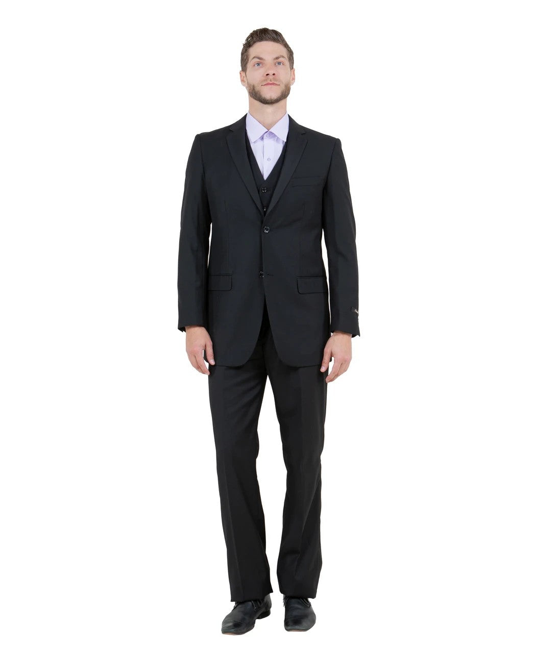 one-button three-piece suit in black