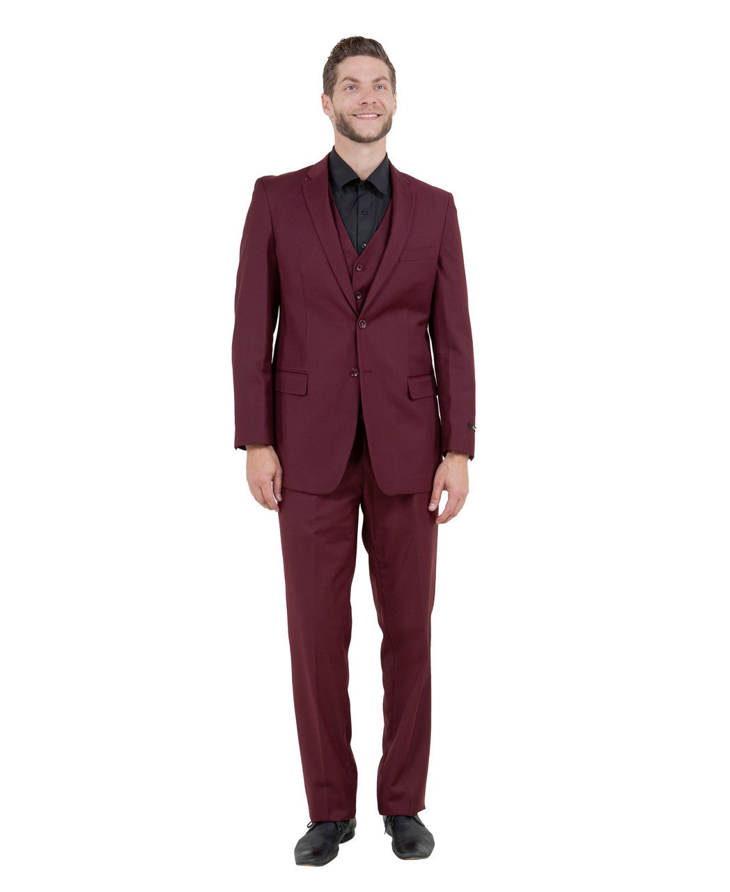 one-button three-piece suit in burgundy