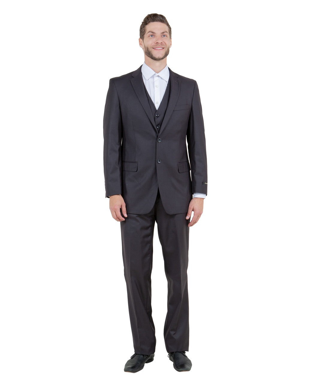 one-button three-piece suit in dark grey