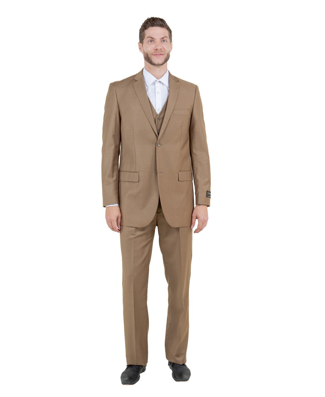 one-button three-piece suit in dark taupe