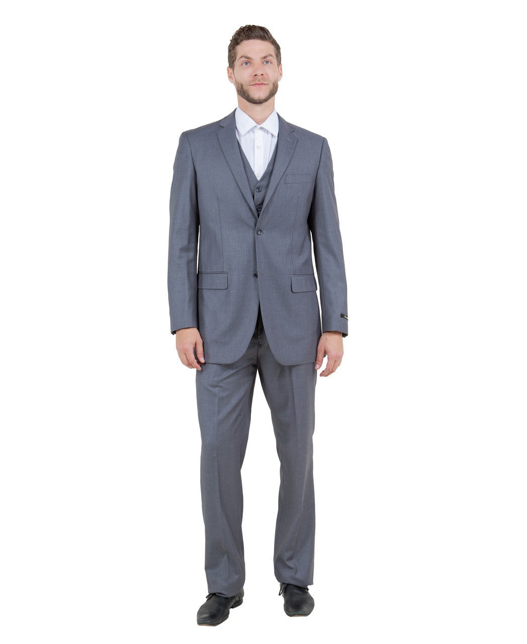 one-button three-piece suit in grey
