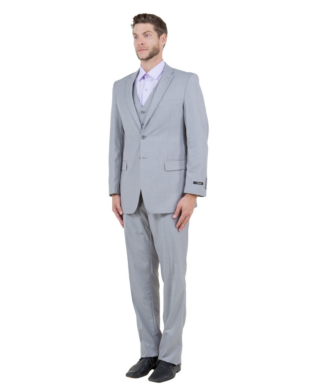 one-button three-piece suit in light grey