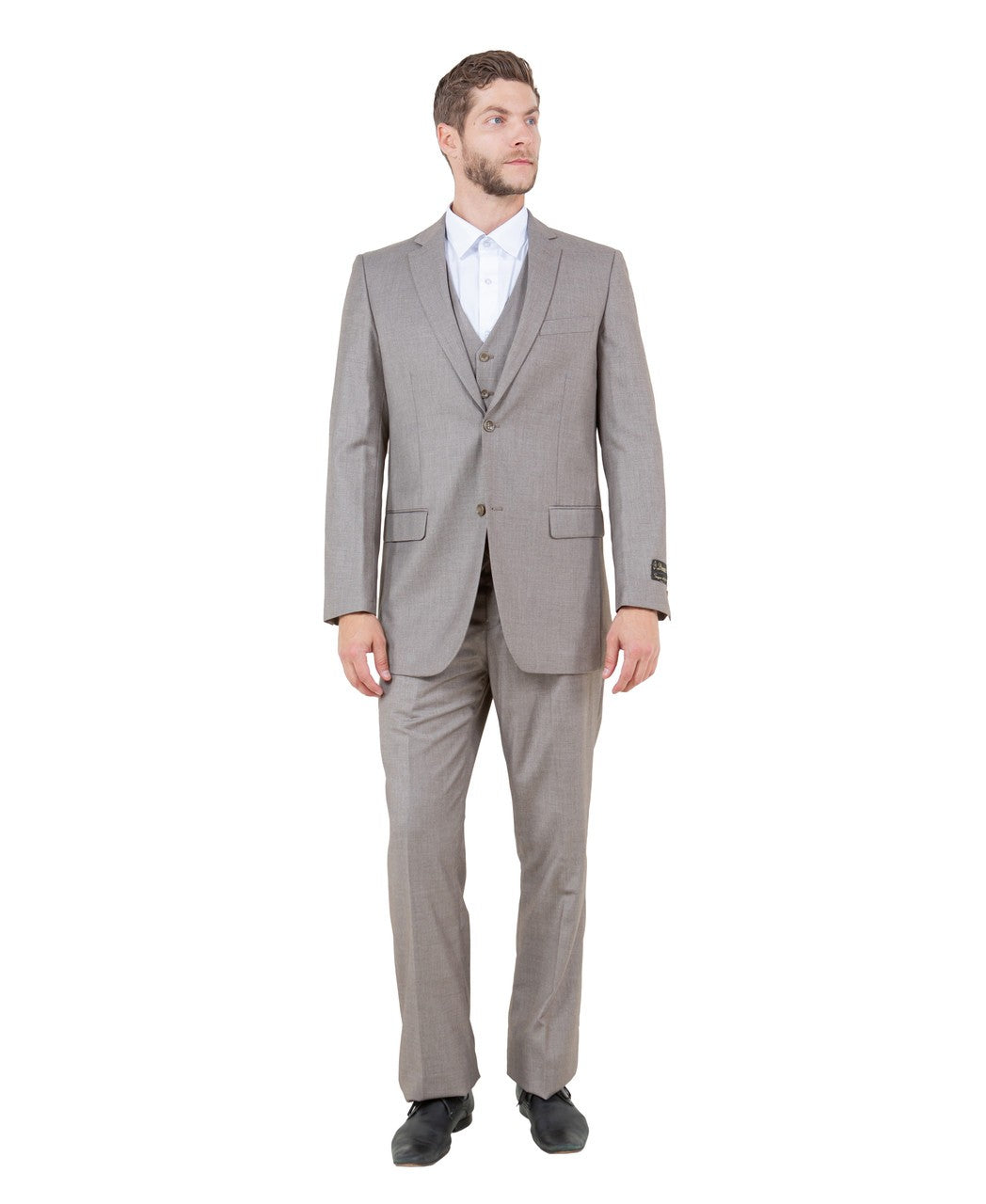 one-button three-piece suit in sand