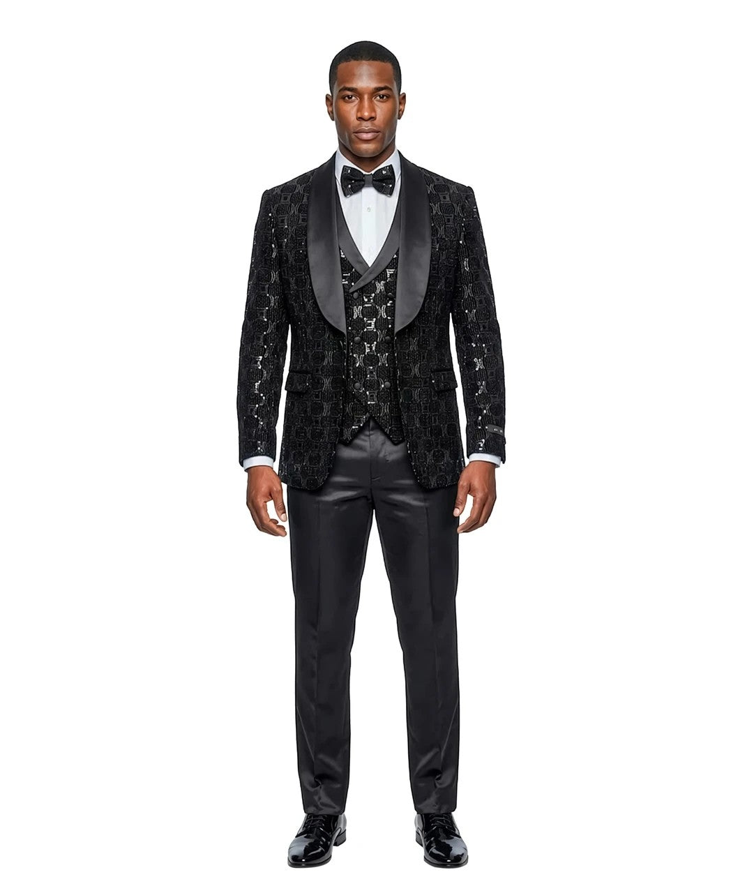 sequin shawl collar three-piece tuxedo in black