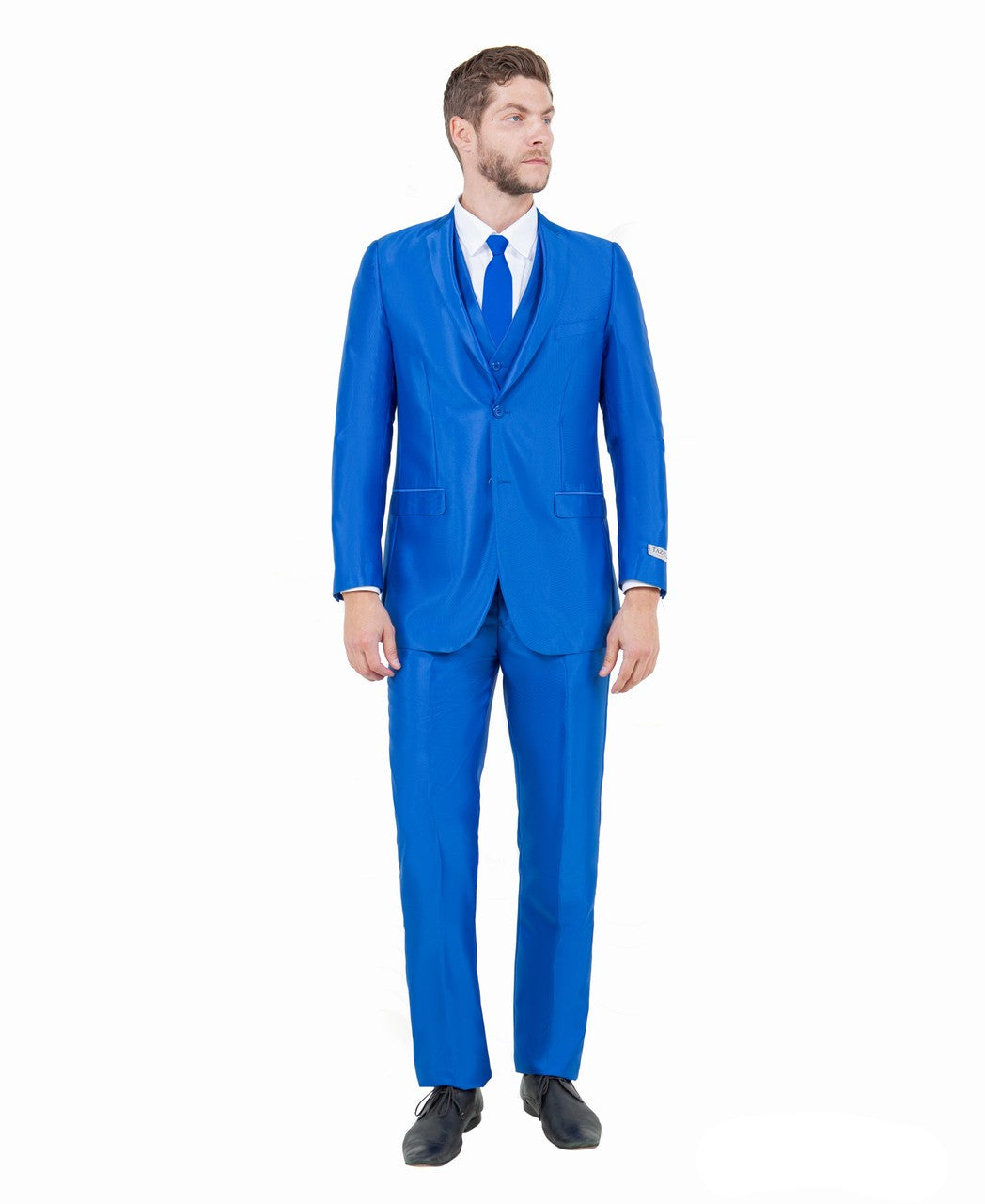 slim fit sharkskin vested suit in blue