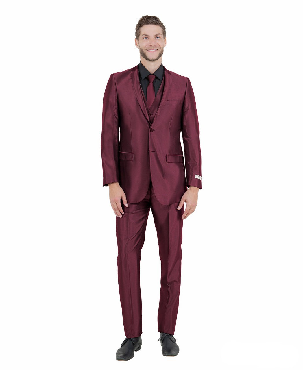 slim fit sharkskin vested suit in burgundy