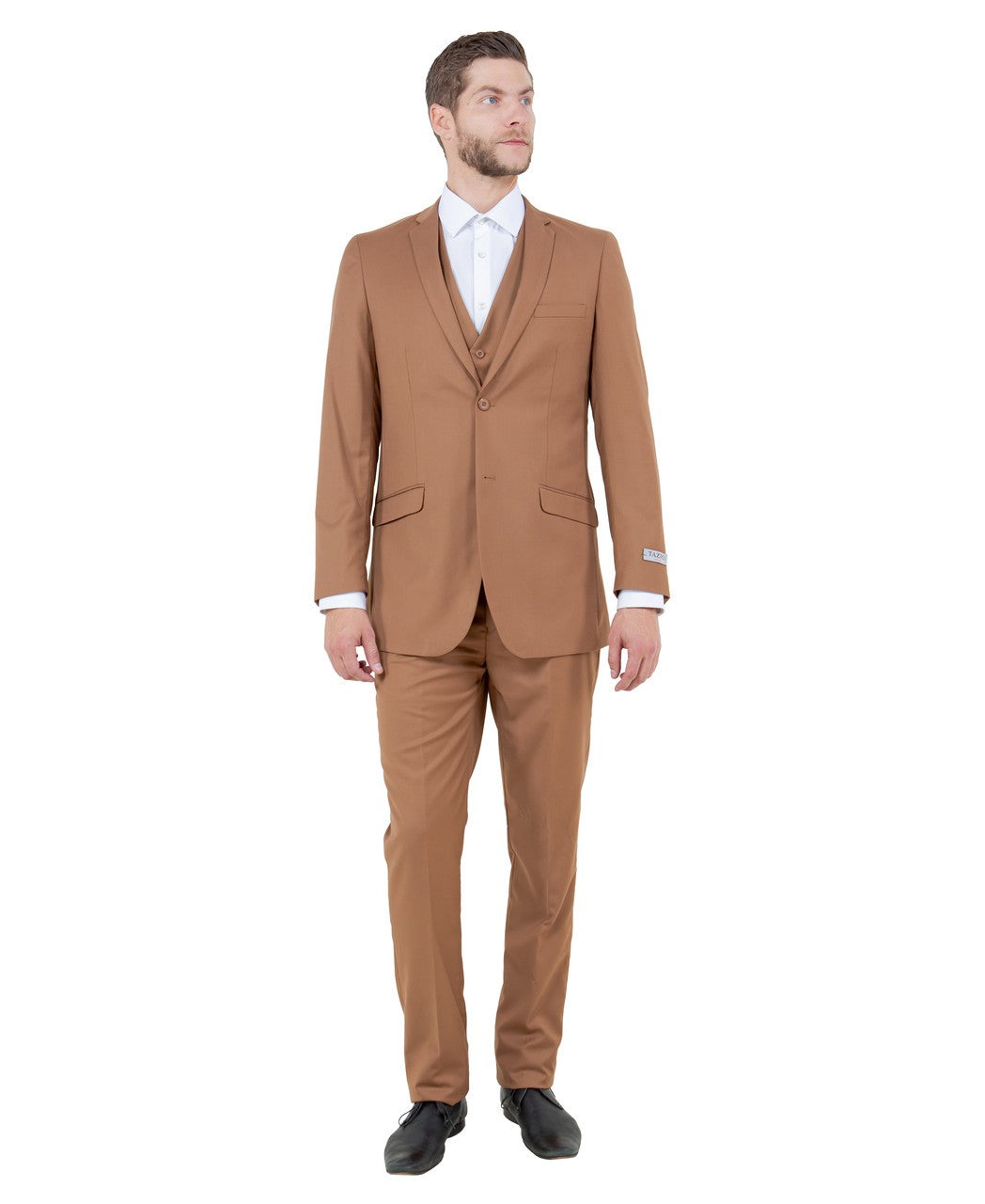 slim fit three-piece suit in caramel
