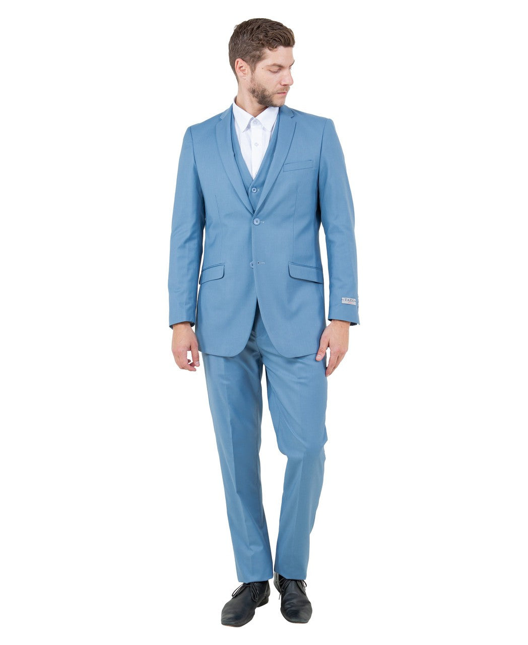 slim fit three-piece suit in dusty blue