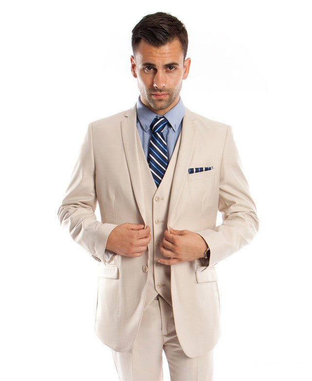slim fit three-piece suit in tan