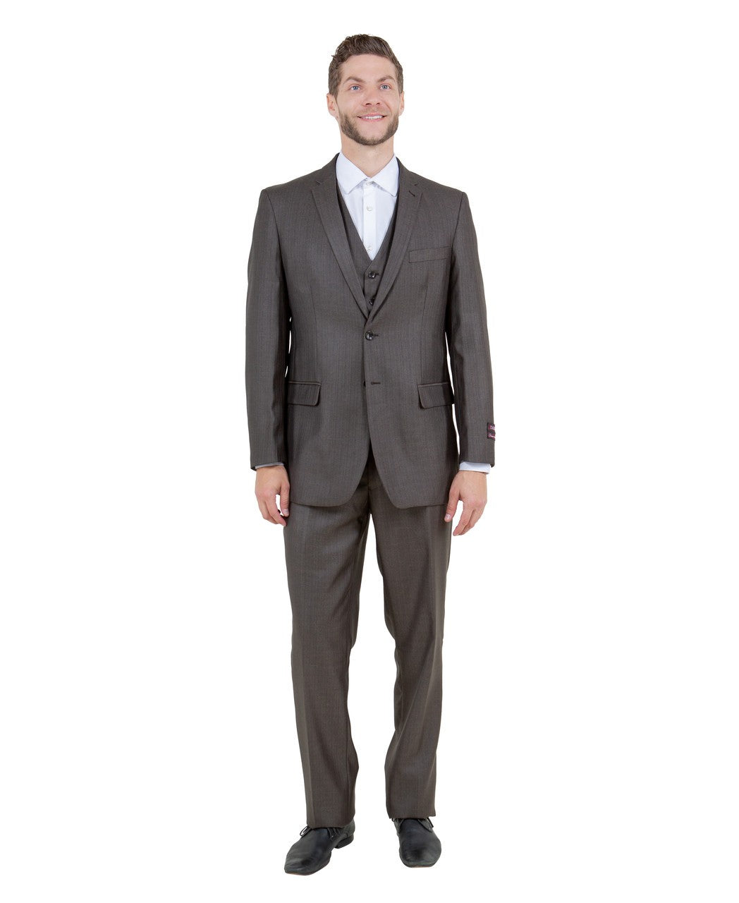 textured two-button suit in brown