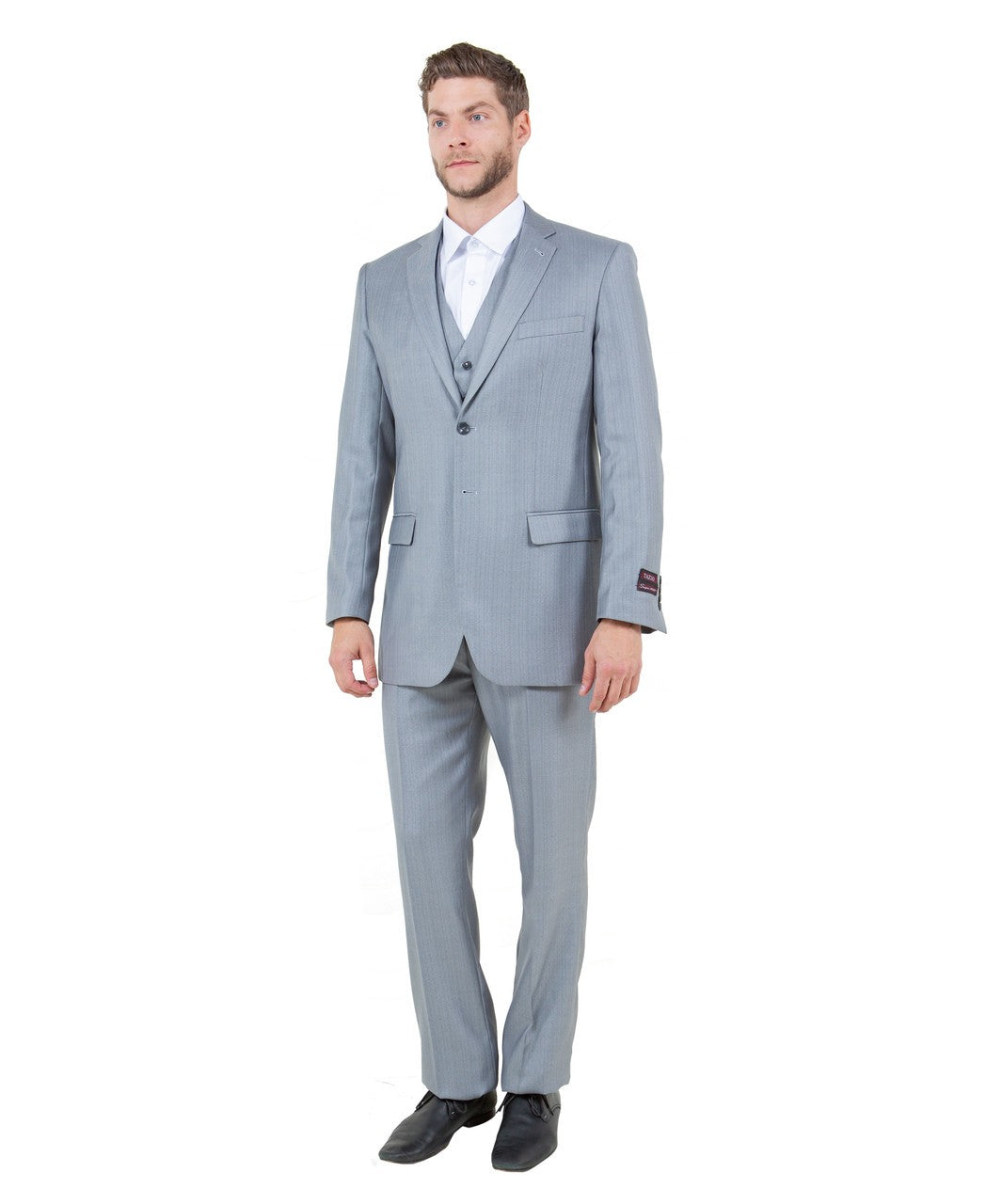 textured two-button suit in light grey