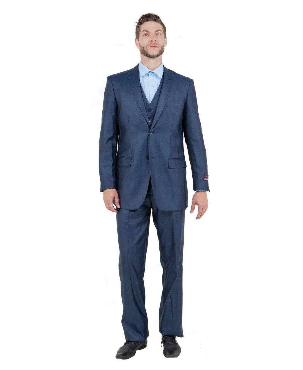 textured two-button suit in navy