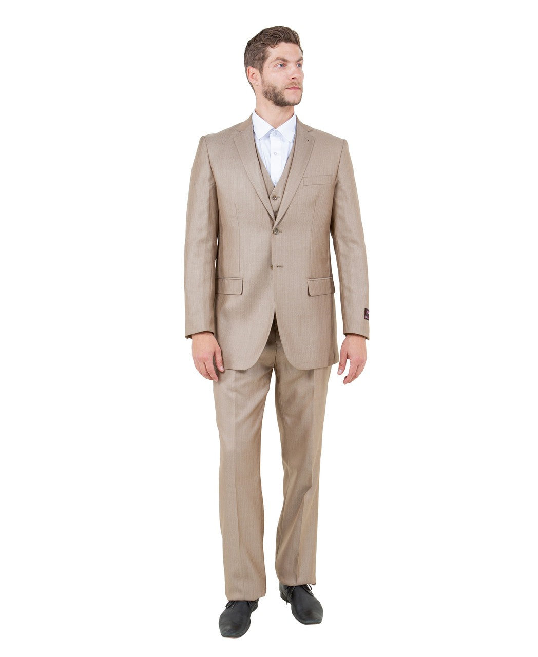 textured two-button suit in stone