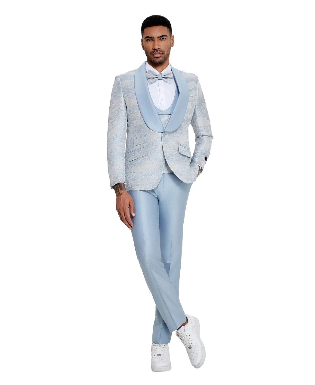 two-tone shawl collar three-piece tuxedo in light blue