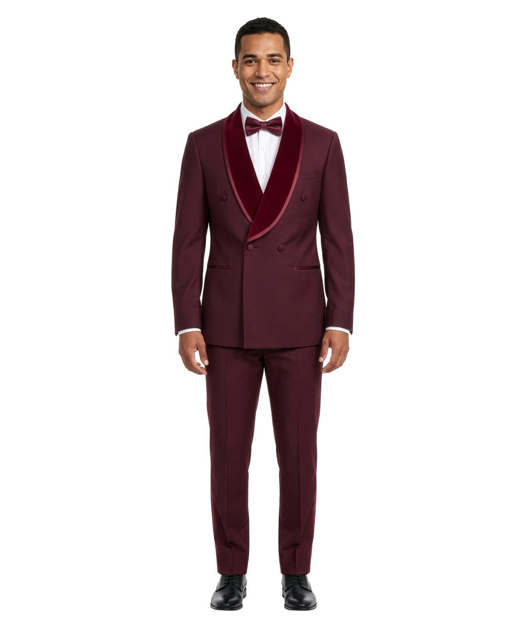 Velvet double-breasted tuxedo in burgundy
