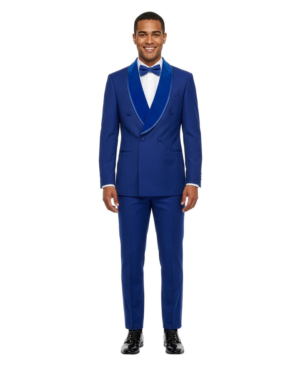Velvet double-breasted tuxedo in royal blue