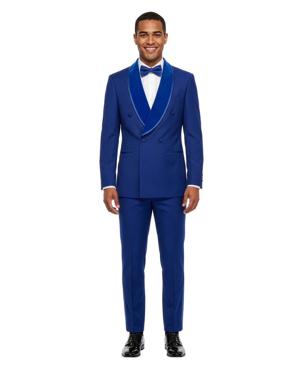 Velvet double-breasted tuxedo in royal blue