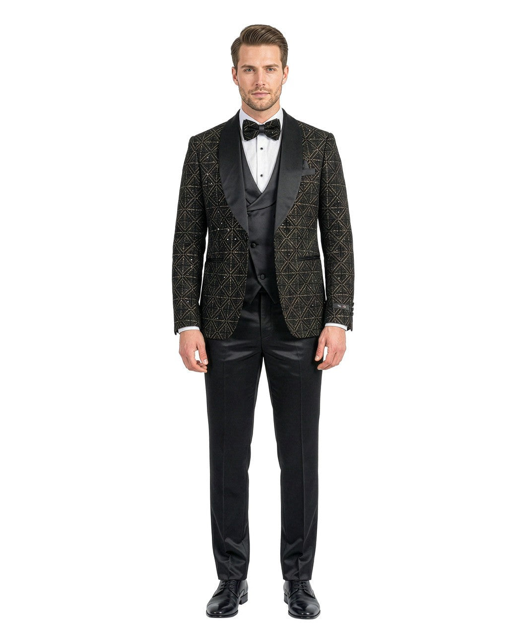 velvet sequin three-piece tuxedo in black