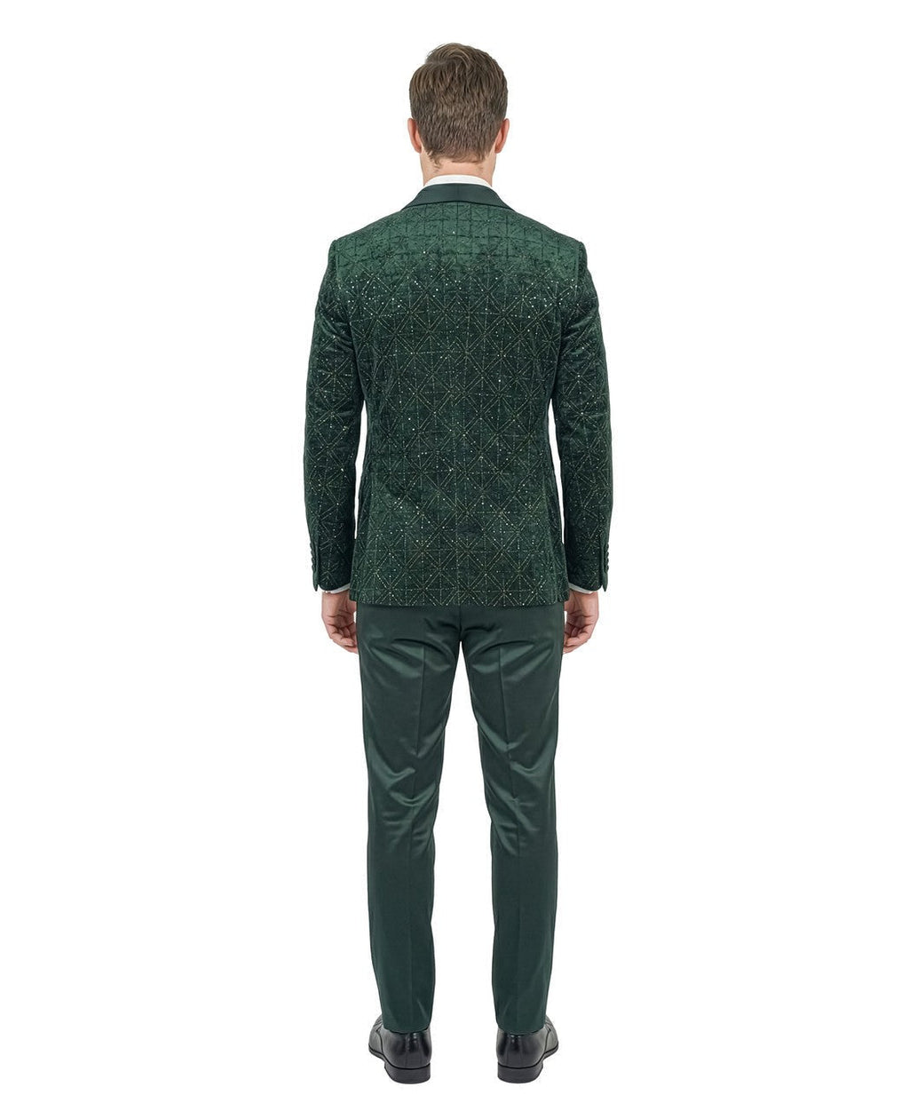 velvet sequin three-piece tuxedo in emerald green, detail
