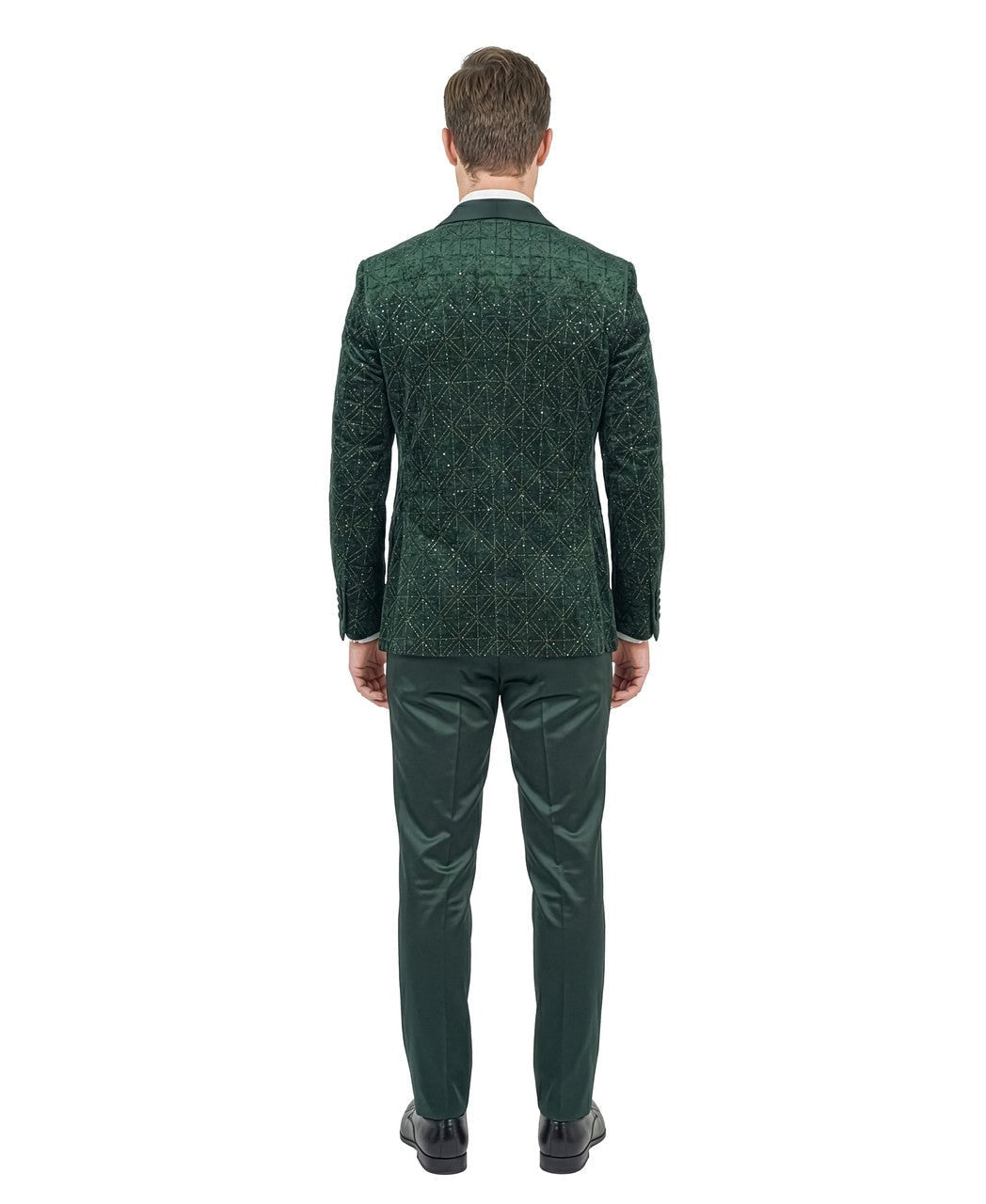 velvet sequin three-piece tuxedo in emerald green, detail
