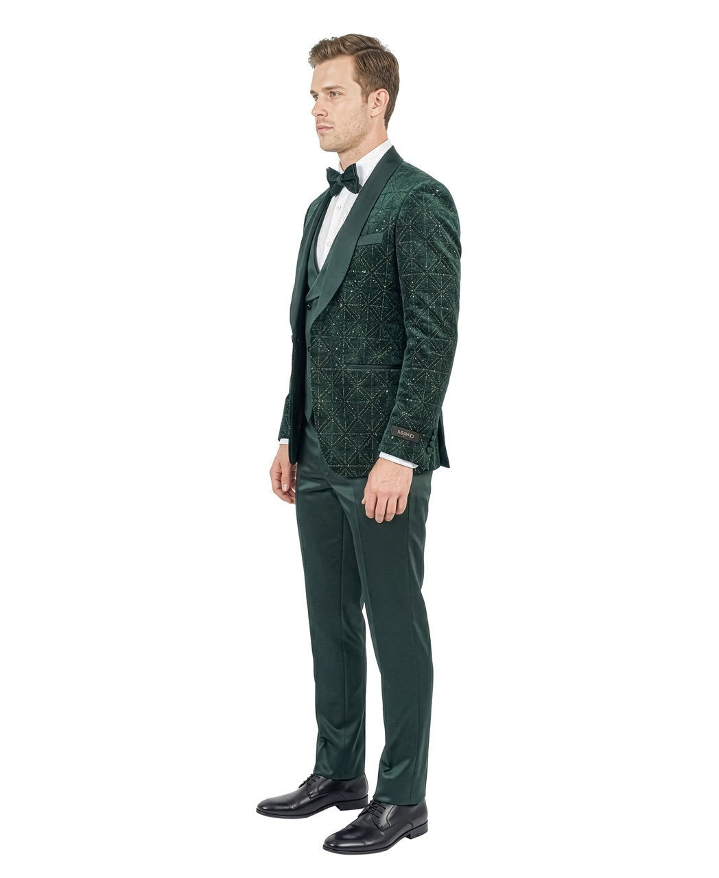 velvet sequin three-piece tuxedo in emerald green, detail