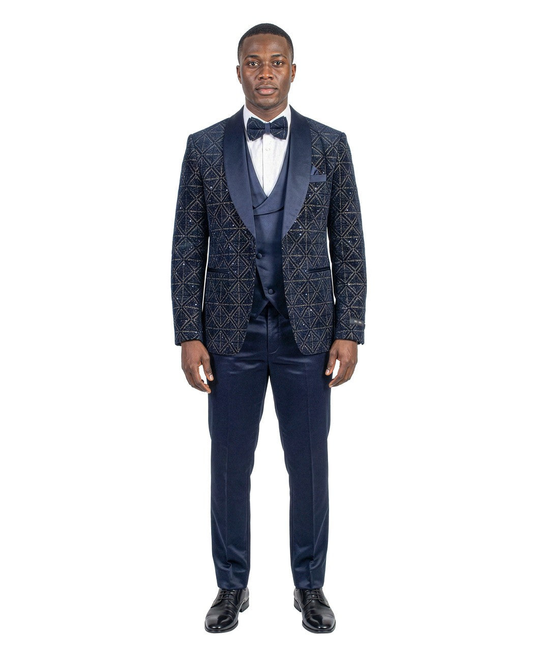 velvet sequin three-piece tuxedo in navy