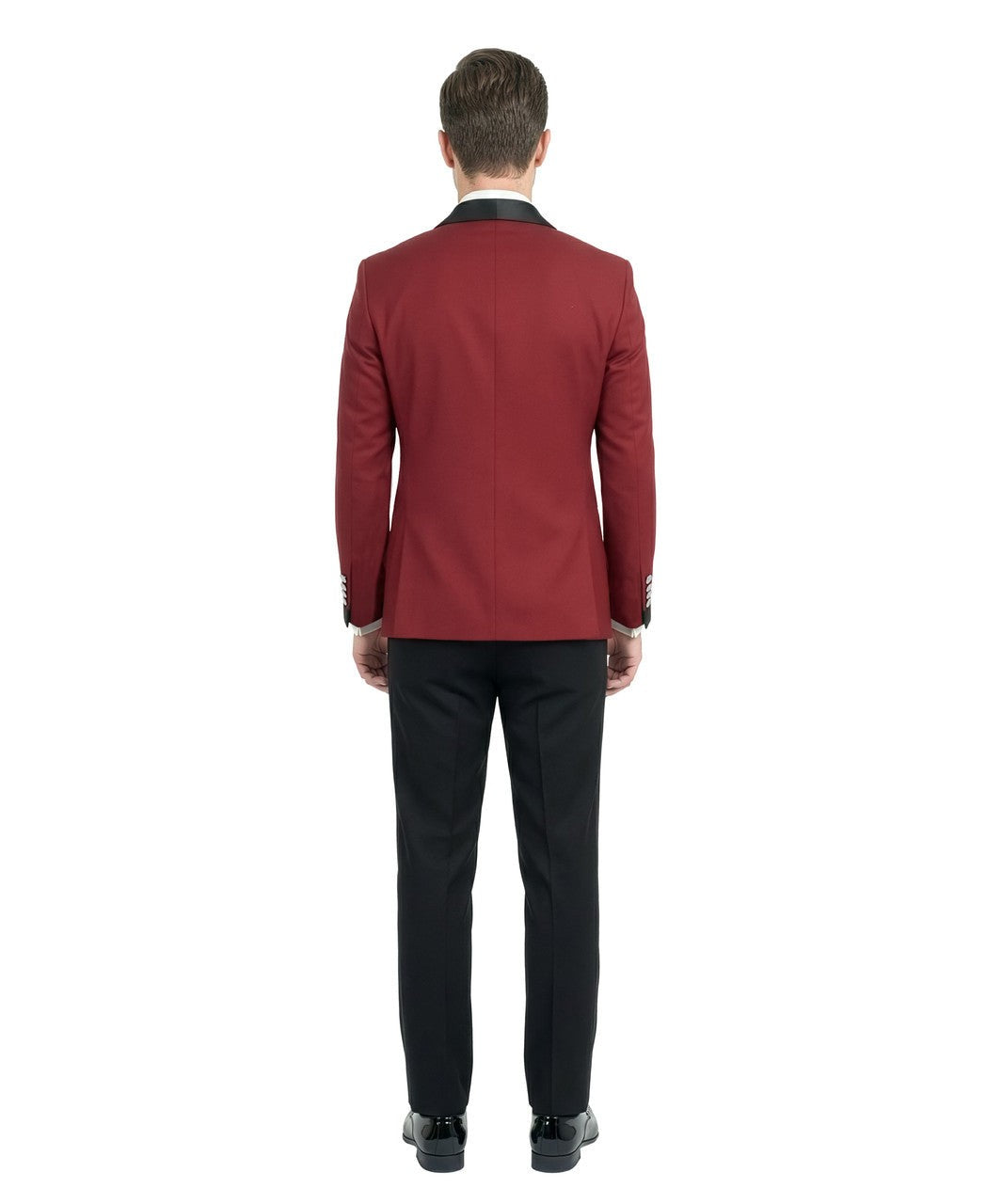 velvet wide-shawl double-breasted tuxedo in red, detail