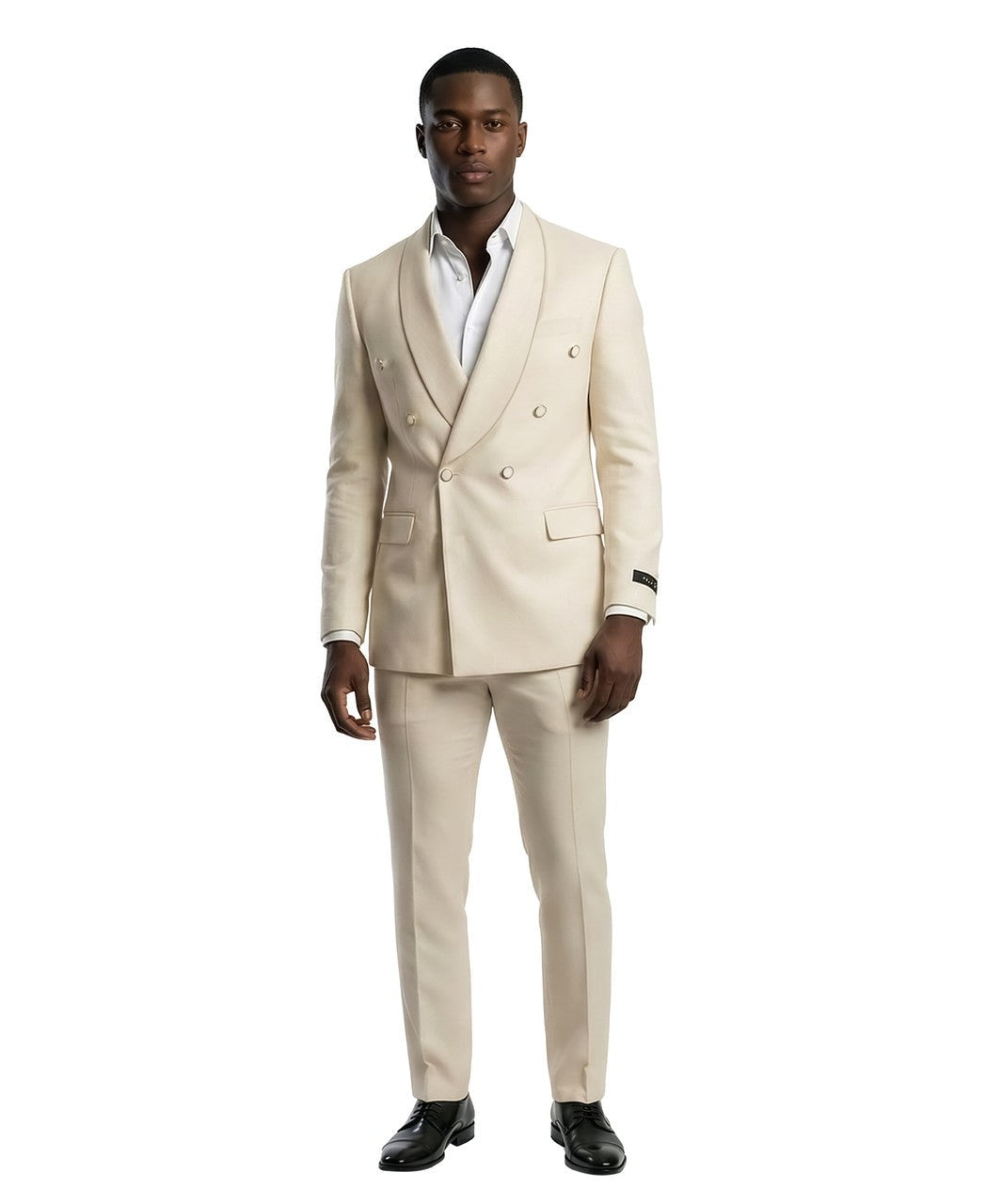 wide shawl double-breasted suit in cream
