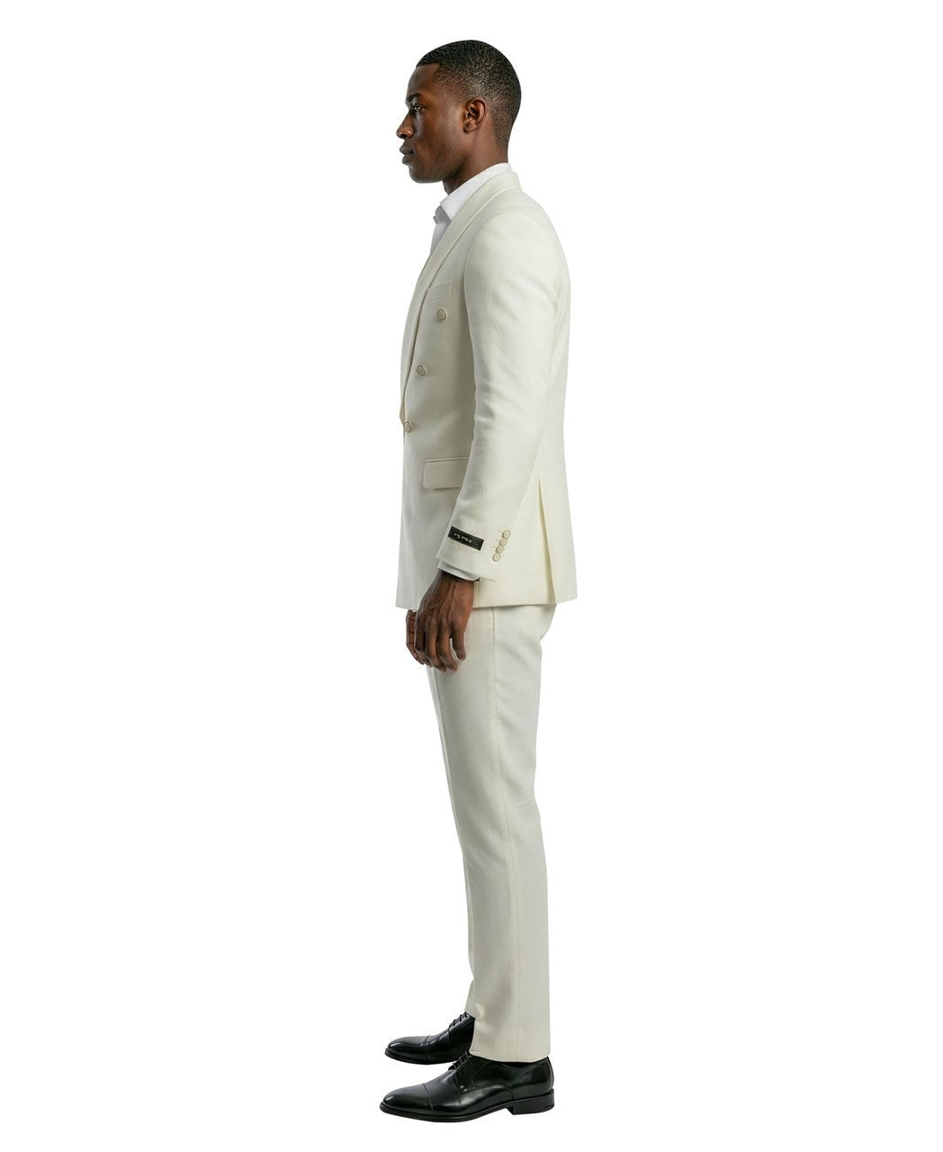 wide shawl double-breasted suit in ivory, detail