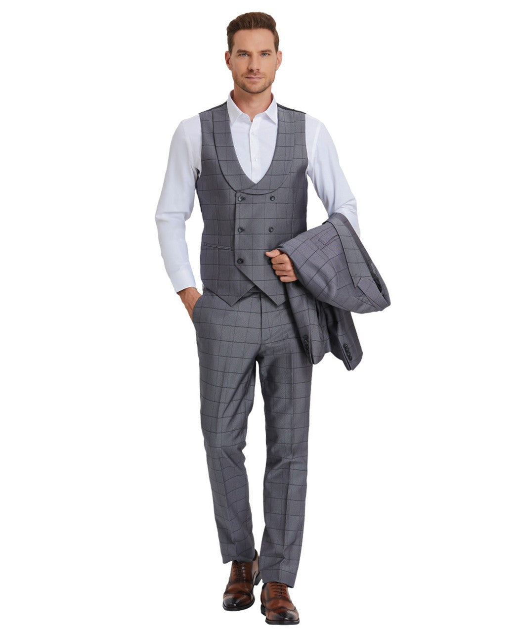 windowpane suit with collared vest in metal gray, detail