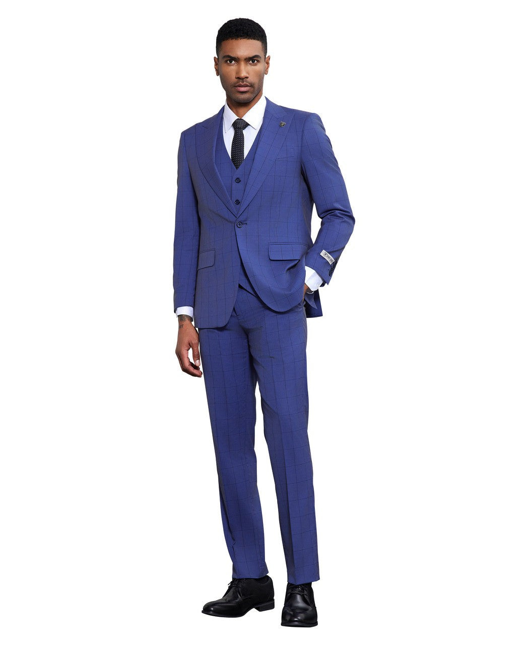 Windowpane three-piece suit in blue